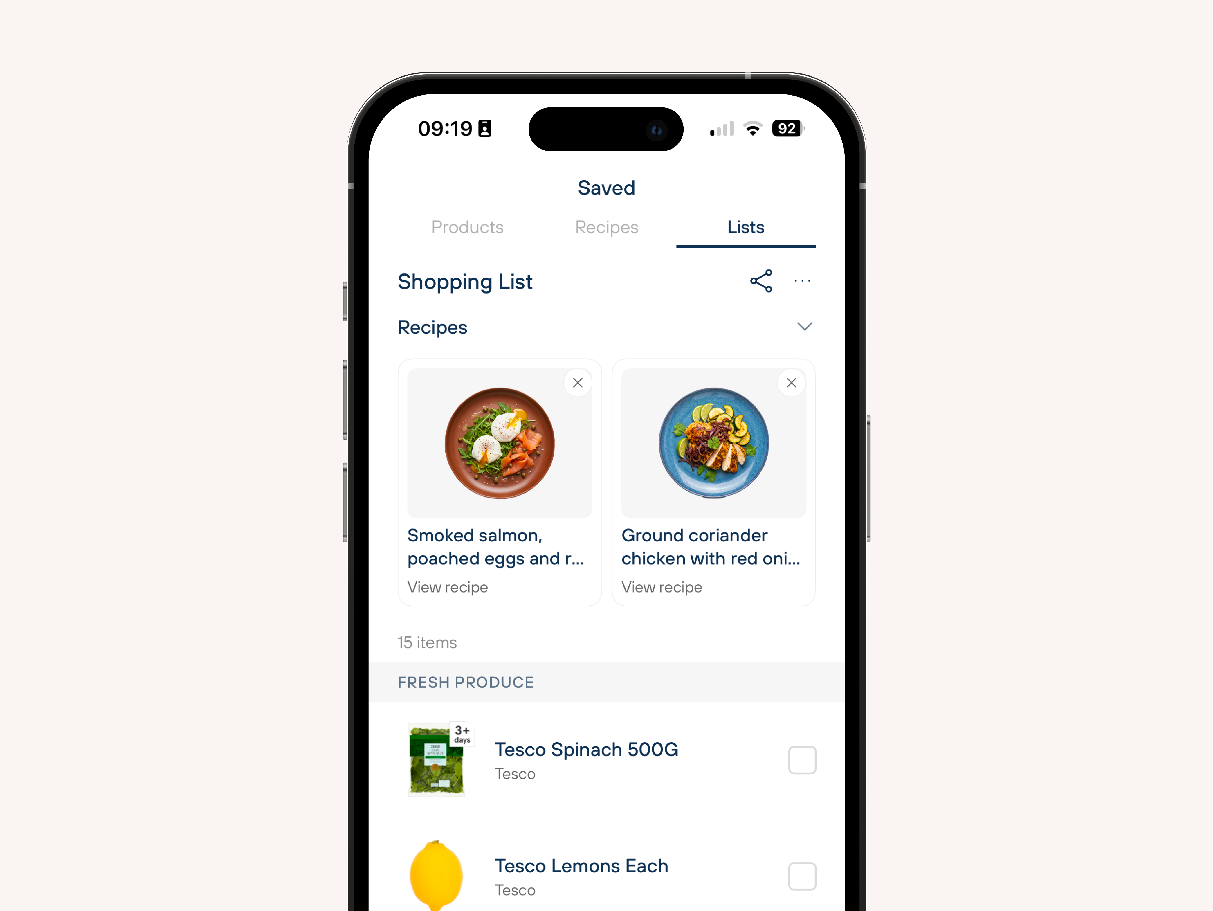 Mune Guide shopping list with recipes and supermarket products